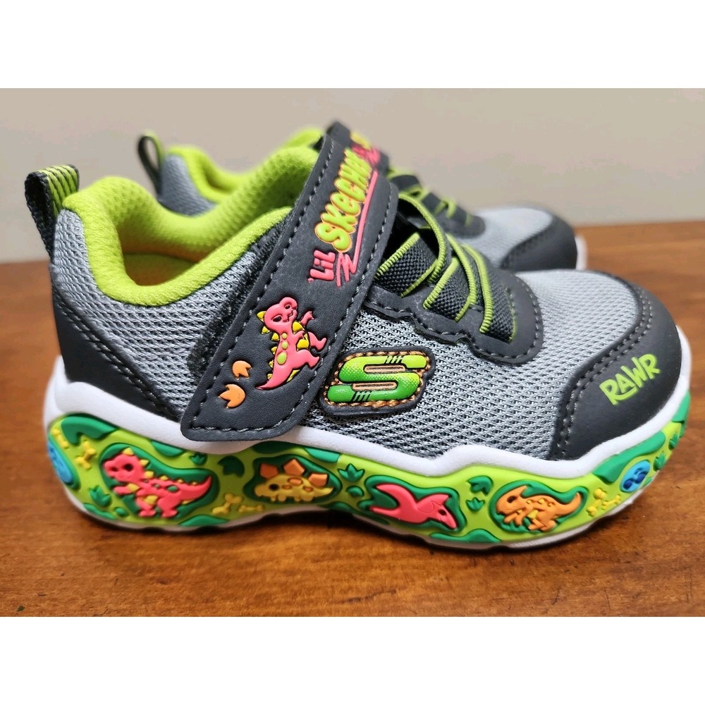 Skechers Play Scene Toddler US 6 Dinosaur Sneakers Charcoal Lime 407312N RAWR